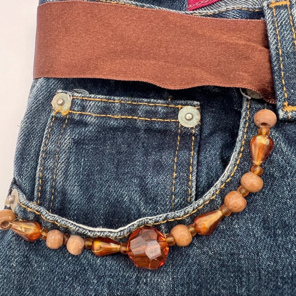 Upcycled Denim Handbag Purse Chic Beaded Pockets & Brown Ribbon FM Jeans Button - Picture 5 of 14